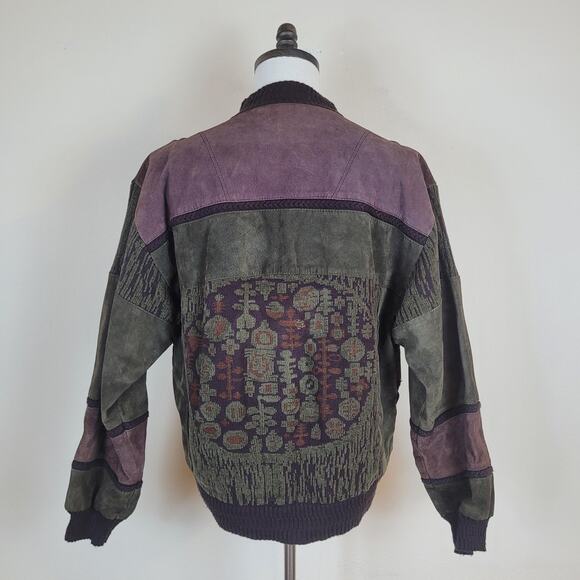 Vintage Saxony Sweater Mens Large Green Burgundy Patchwork Leather Suede 90s - Picture 4 of 11